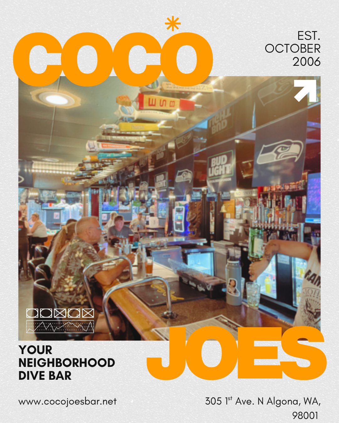 Coco Joes poster showing guests at the bar, beer tap handles overhead, and Seahawks banners.