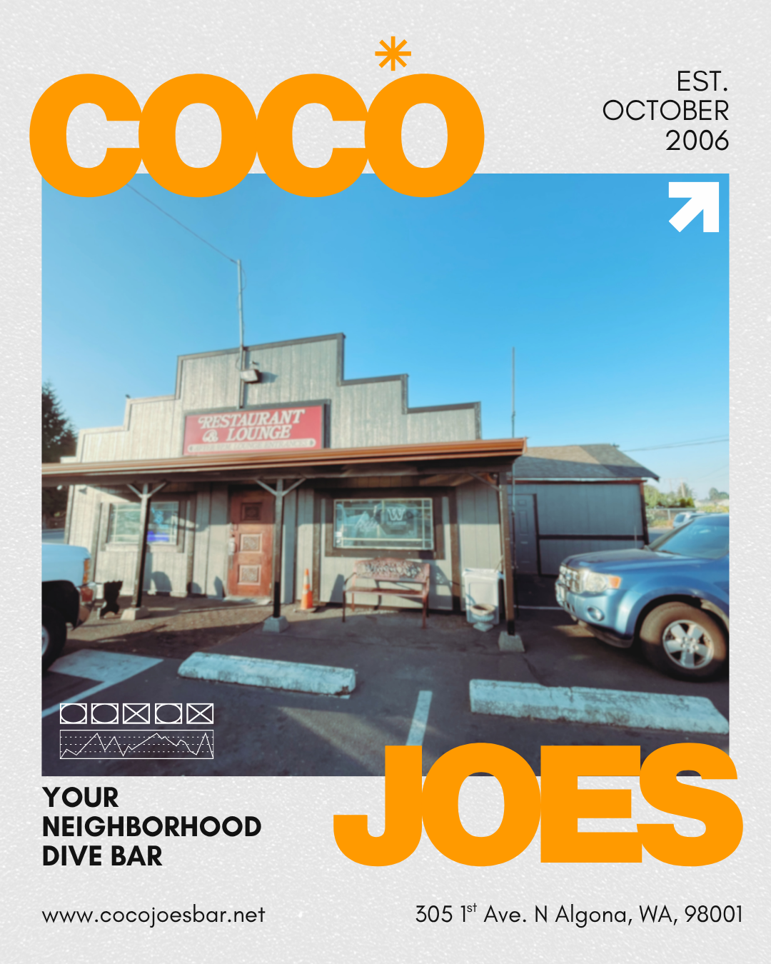 Coco Joes poster showing the wooden storefront and entrance at 305 1st Avenue North in Algona.